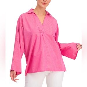 Pink Popover Tunic Top Large Cotton Blend Bell Sleeve Split Neck Boho Resort